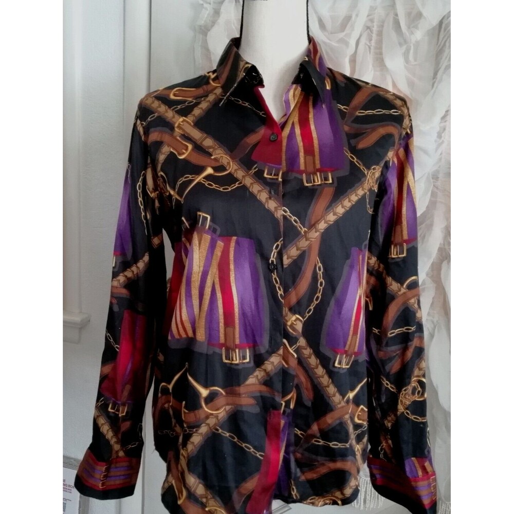 Ralph Lauren Women's Size PL Button Up Shirt Equestrian Gold Chain 100% Cotton